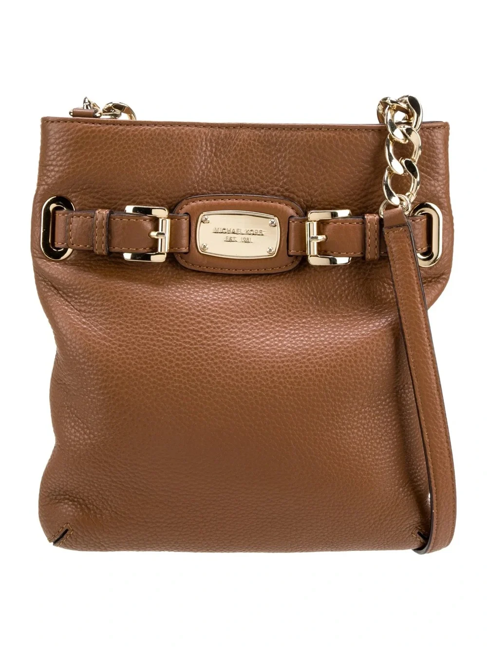 Michael Kors Pebbled Genuine Leather Crossbody Bag Camel Brown Gold Chain Purse
